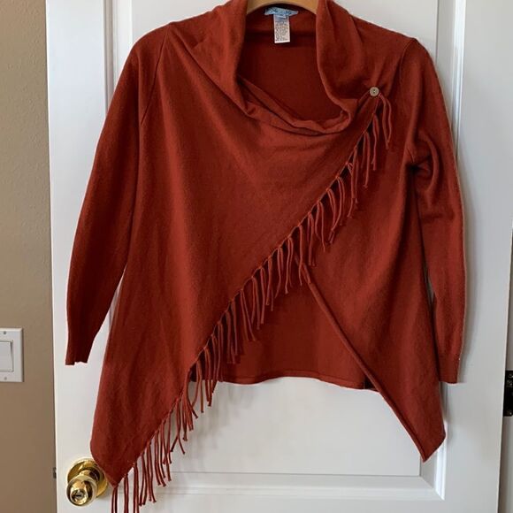 Poncho RUST Color - LONG SLEEVE SWEATER CARDIGAN WRAP WITH FRINGE.‎ - Picture 1 of 4
